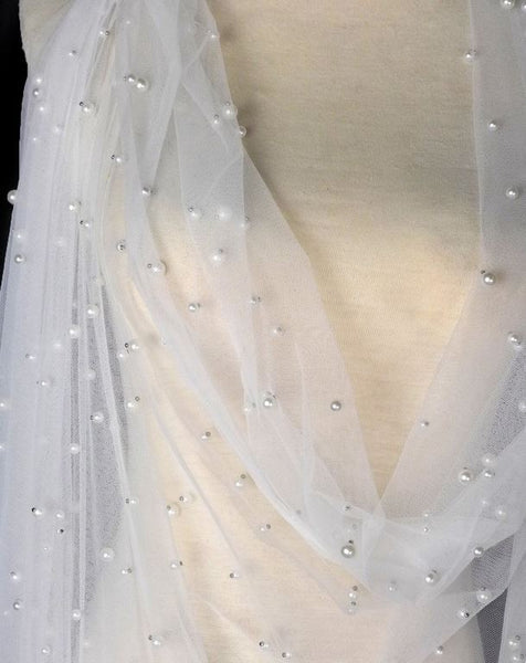 1 Yard White Pearl Mesh Lace Fabric Bridal Wedding Dress Sequin Beaded French Tulle 150cm