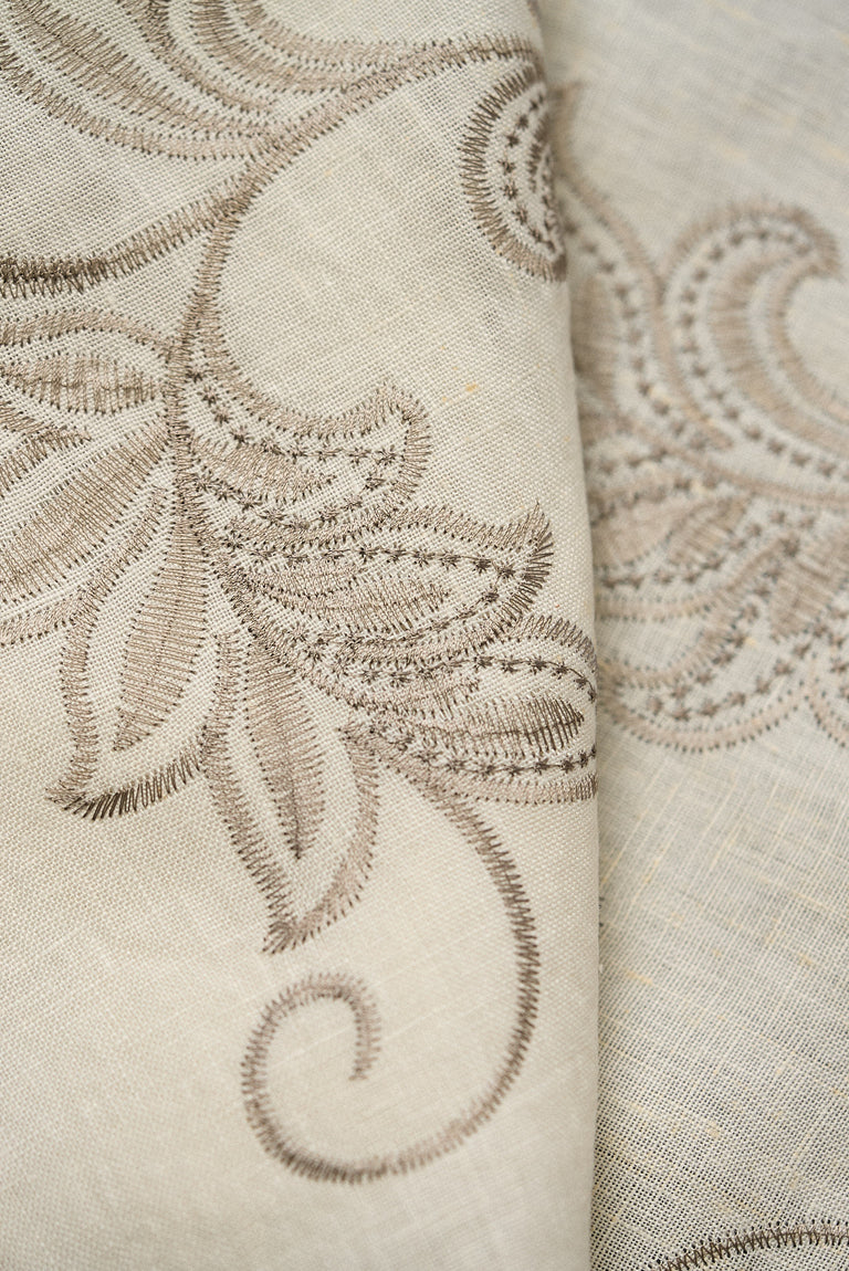 1 Yard Ivory Natural Foliage Embroidered Linen Textured Apparel Fabric 54" Width