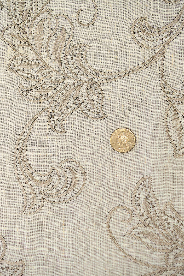 1 Yard Ivory Natural Foliage Embroidered Linen Textured Apparel Fabric 54" Width