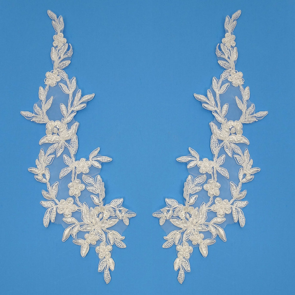 1 Pair Beaded & Corded Floral Lace Applique Embroidered on 100% Polyester Organza 13" x 4" Each Side