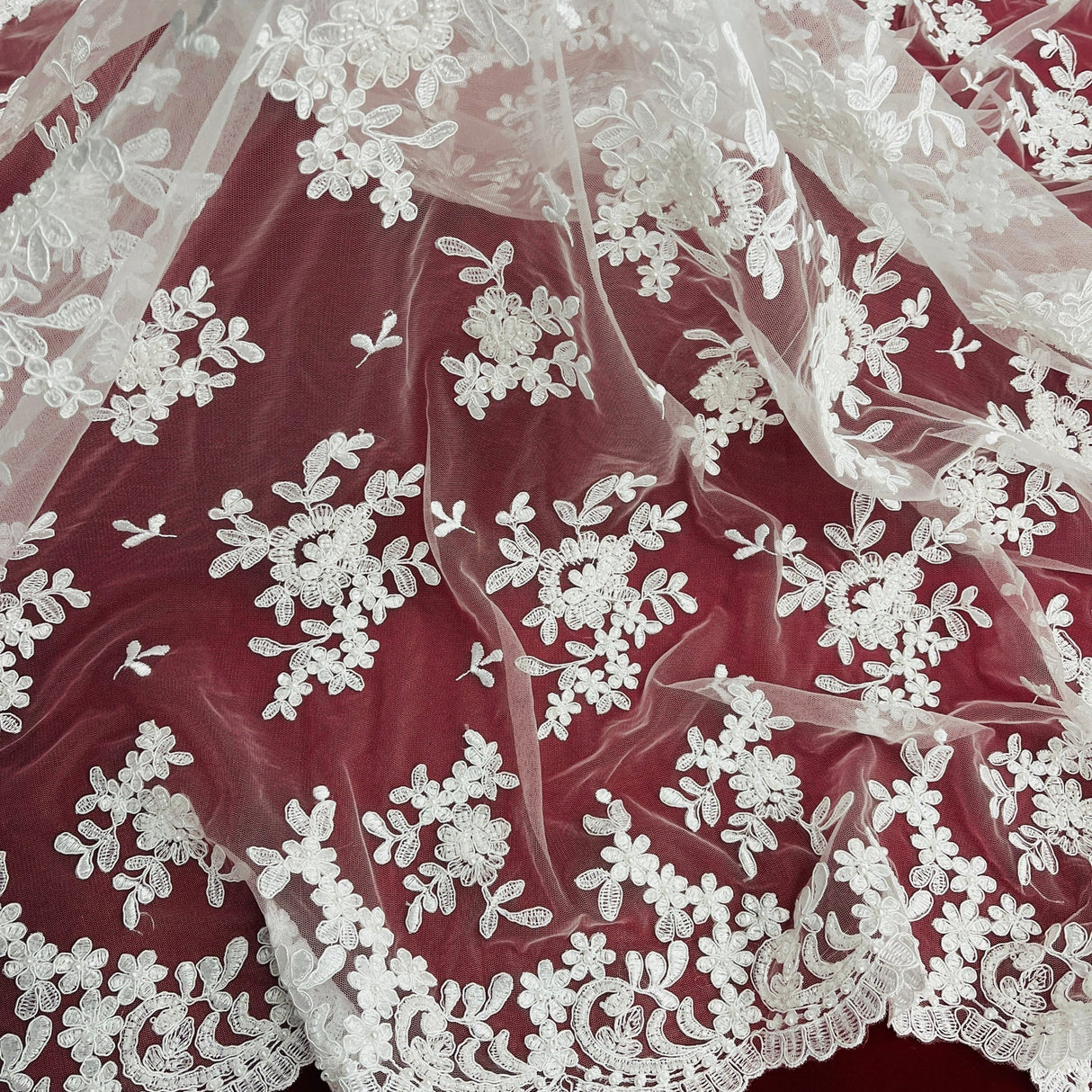 1 Yard Luxurious Beaded and Corded Bridal Lace Fabric Embroidered on Polyester Net Mesh 52 inch Width