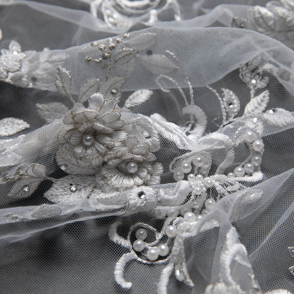 1 Yard Tulle Lace Fabric Embroidered Applique 3D Floral Design Elegant Look 52" Wide