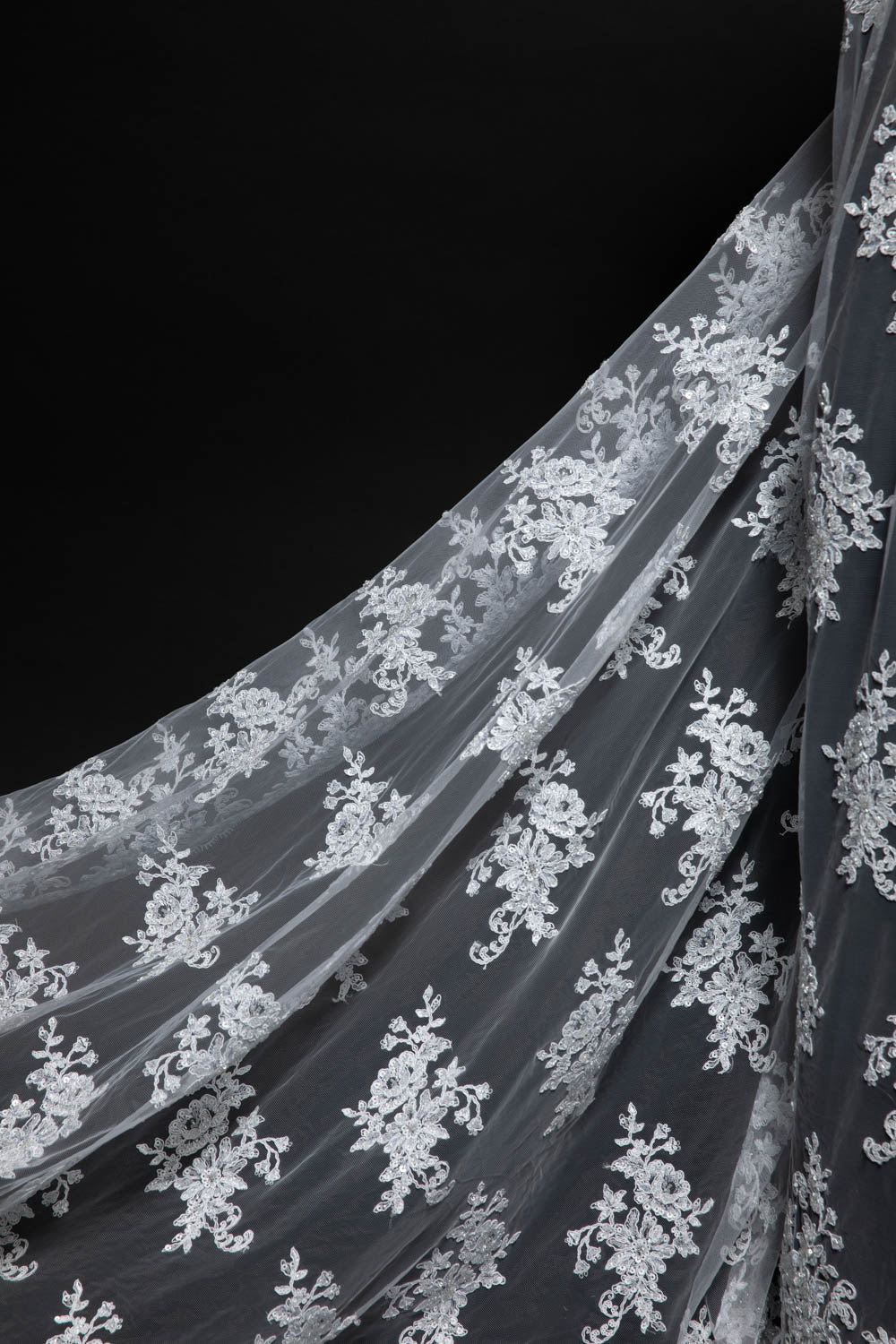 1 Yard Tulle Lace Fabric with Beautiful Floral Embroidery, 52" Wide