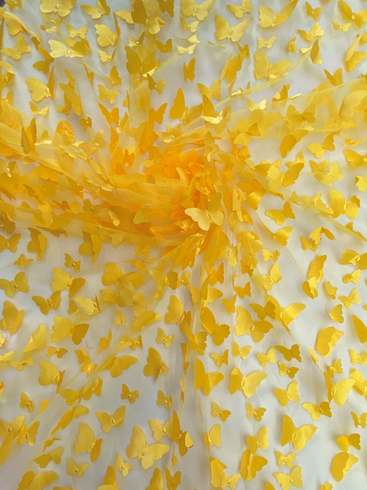 1 Yard Yellow 3D Butterfly Satin Mesh Fabric for Costumes, Dresses, and Event Decor 54 Inch Wide