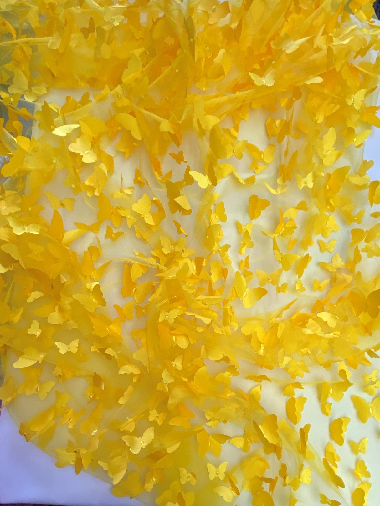 1 Yard Yellow 3D Butterfly Satin Mesh Fabric for Costumes, Dresses, and Event Decor 54 Inch Wide