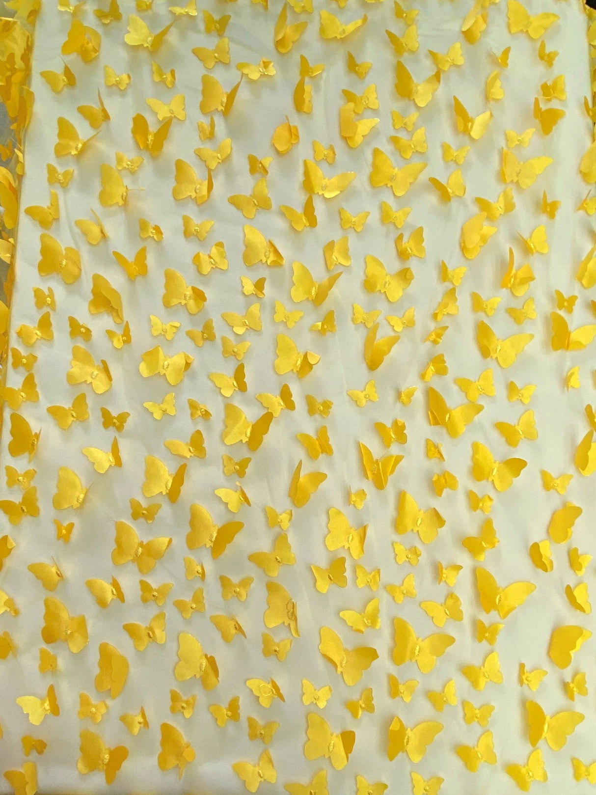 1 Yard Yellow 3D Butterfly Satin Mesh Fabric for Costumes, Dresses, and Event Decor 54 Inch Wide