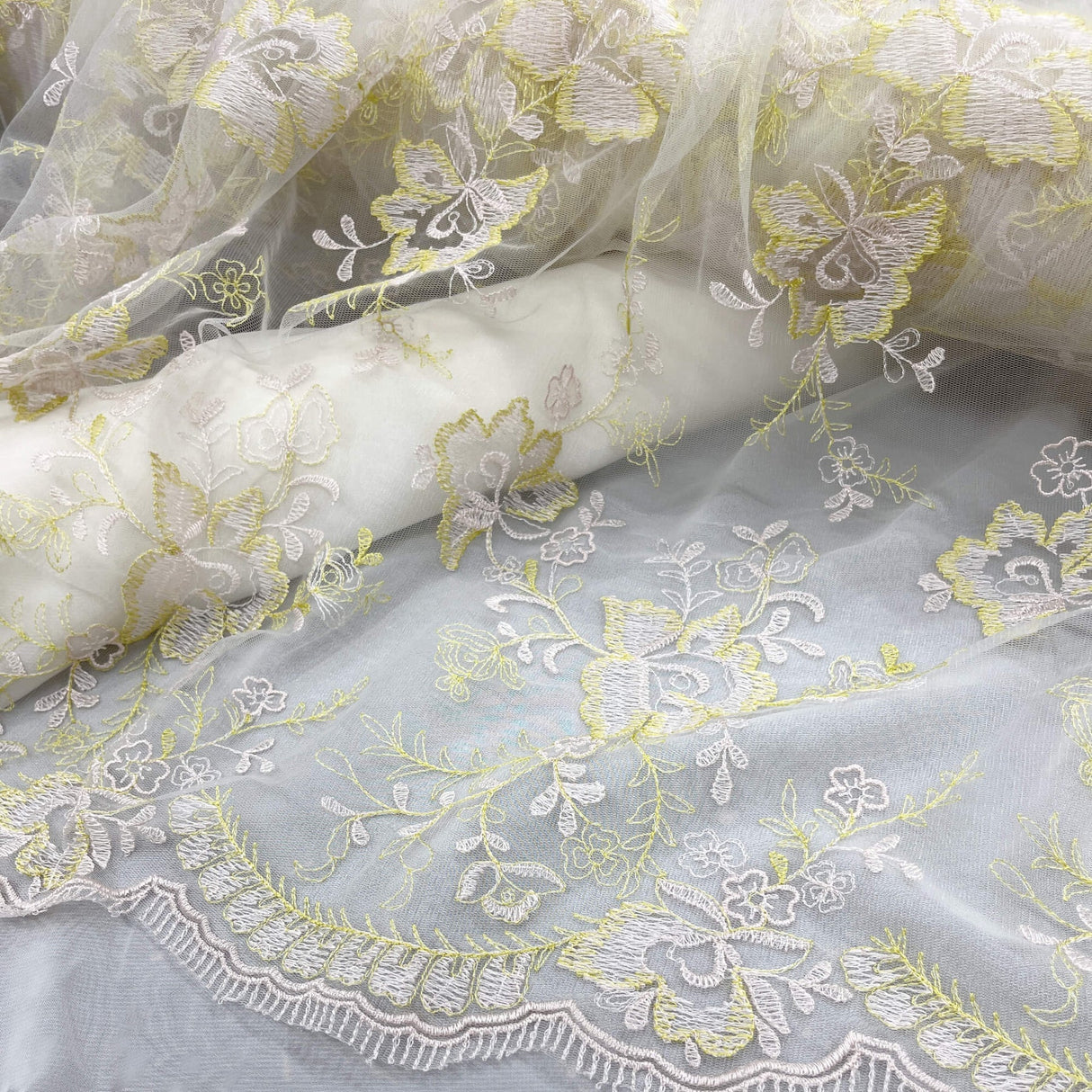 1 Yard Orange Beige Embroidered Lace Fabric on Polyester Net Mesh Elegant 51 Inch Width