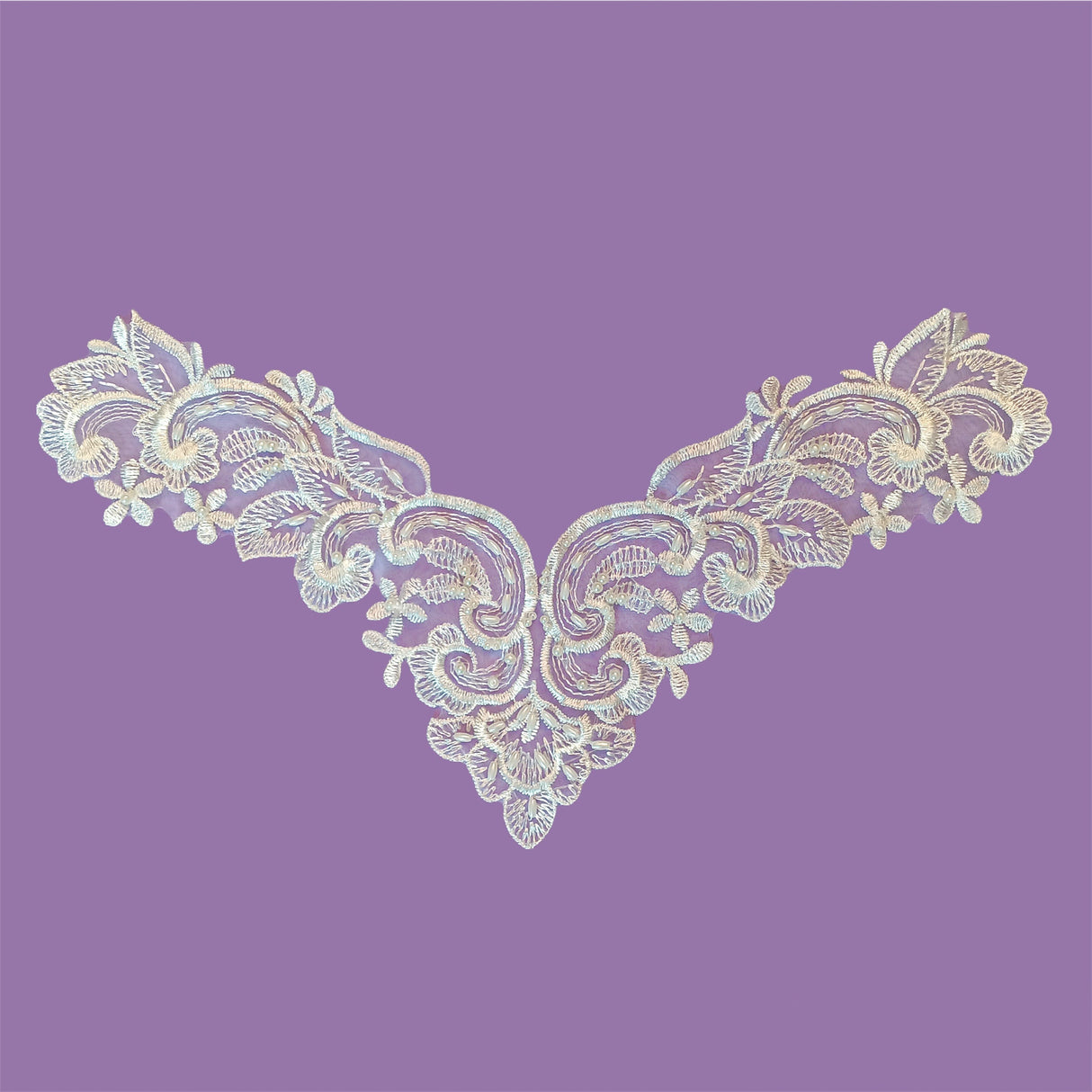 Beaded Lace Applique Embroidered on 100% Polyester Organza 13.25" x 4"