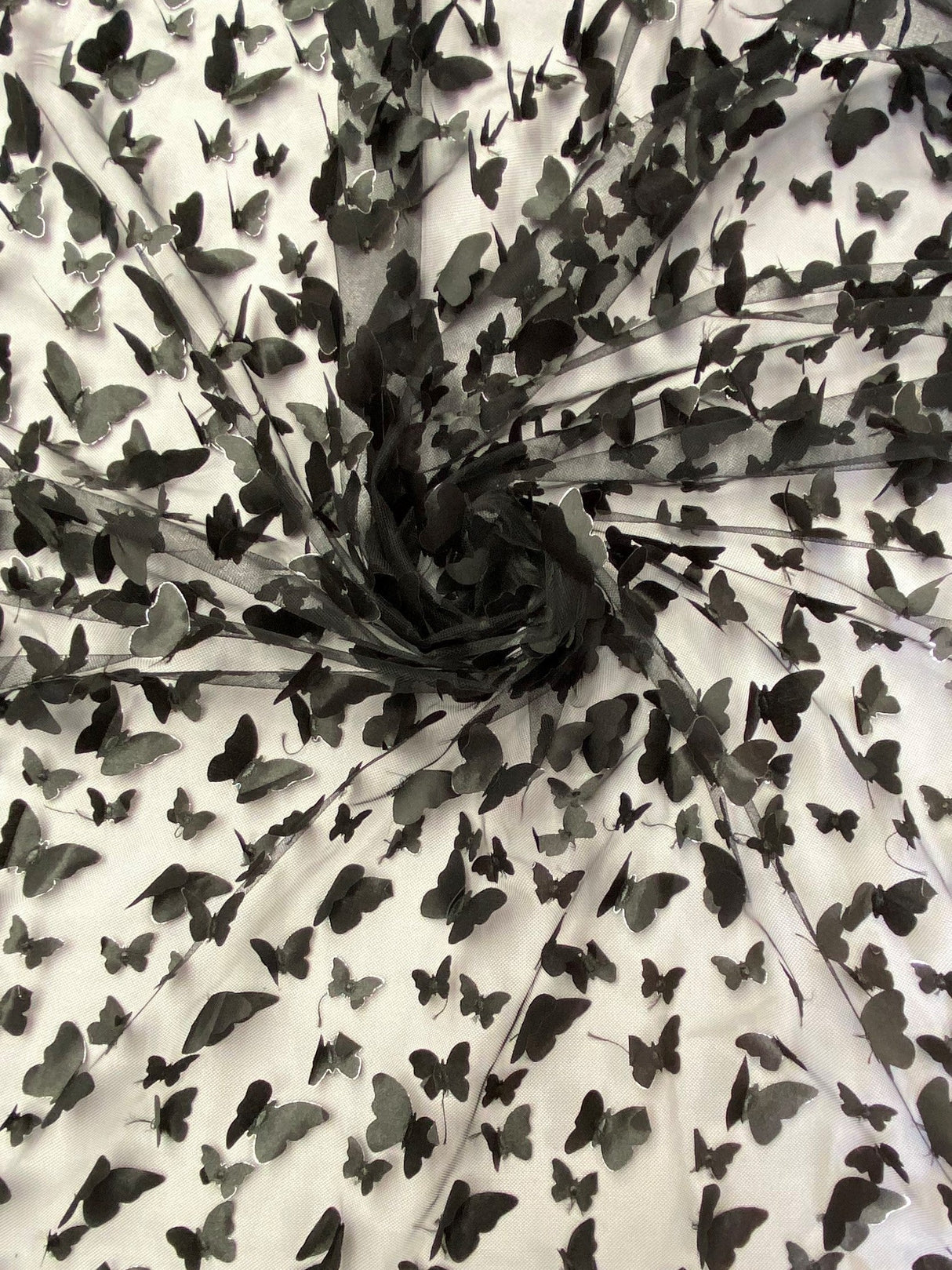 1 Yard Black 3D Butterfly Mesh Fabric with Satin Appliqué on Stretch Sheer Base 54 Inch Wide