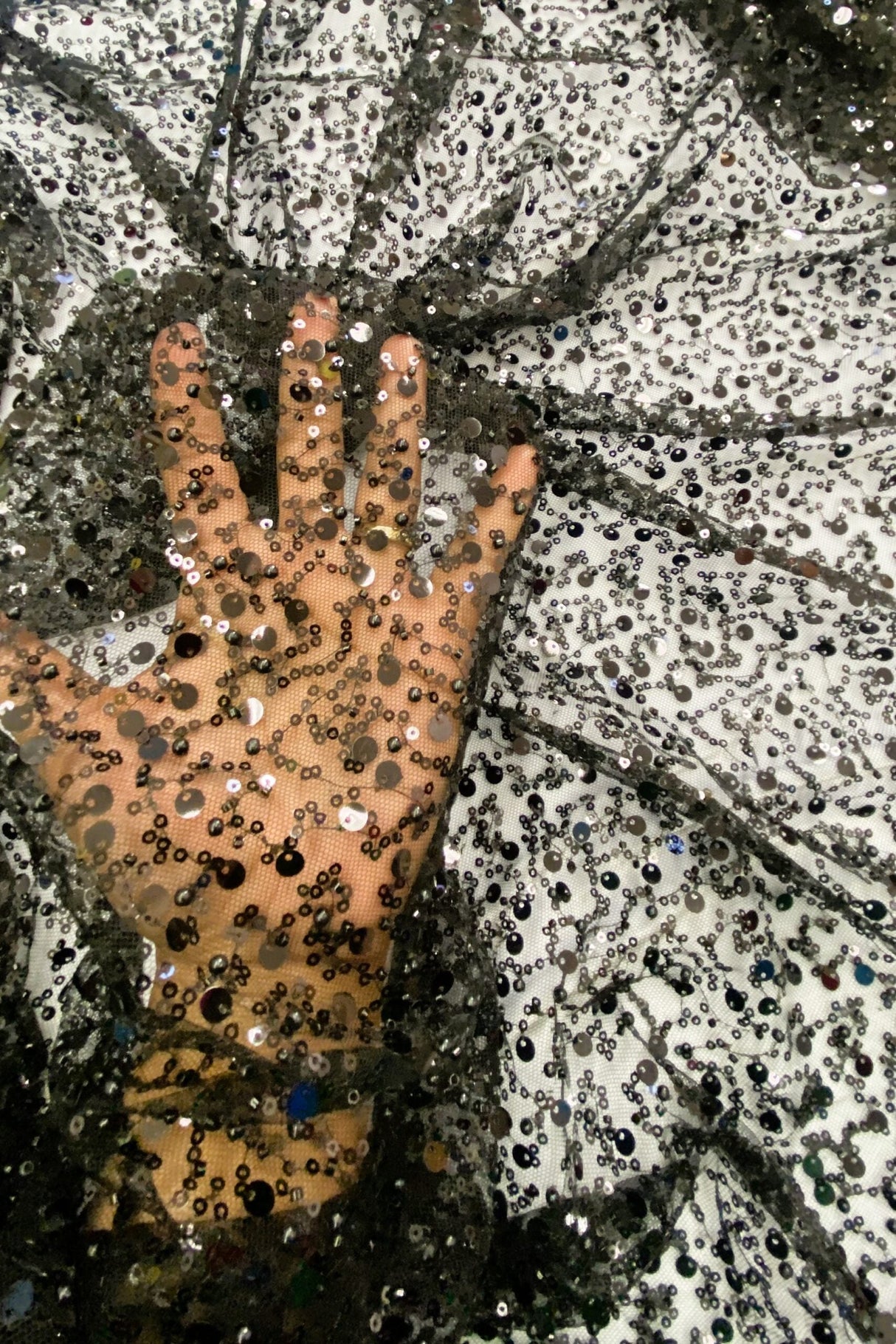 1 yard black mesh lace fabric with sequins beads pearls for dresses and gowns 60'' width