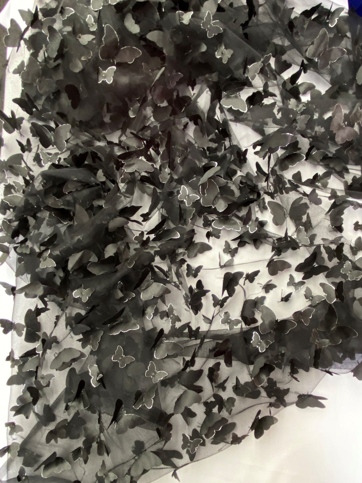 1 Yard Black 3D Butterfly Mesh Fabric with Satin Appliqué on Stretch Sheer Base 54 Inch Wide