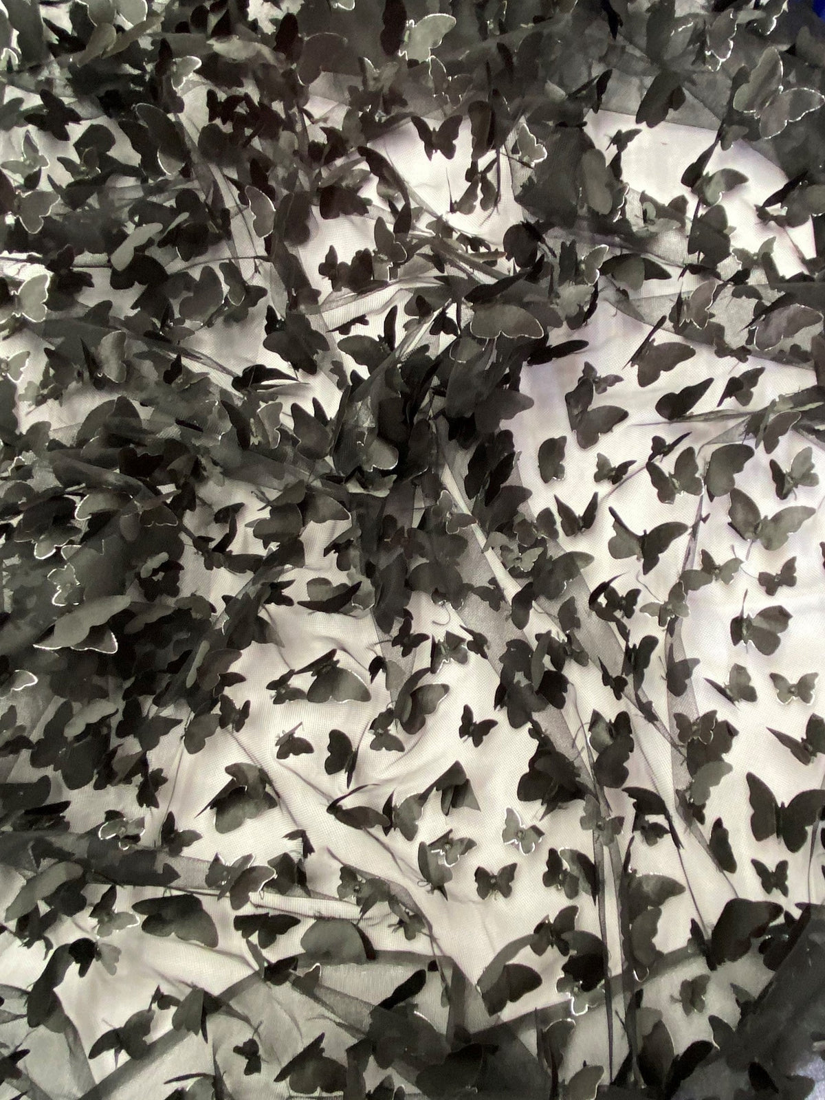 3D Butterflies Black Polyester Fabric - Black Satin Butterflies On 2-Way Stretch Mesh, 54" Width (1 Yard)
