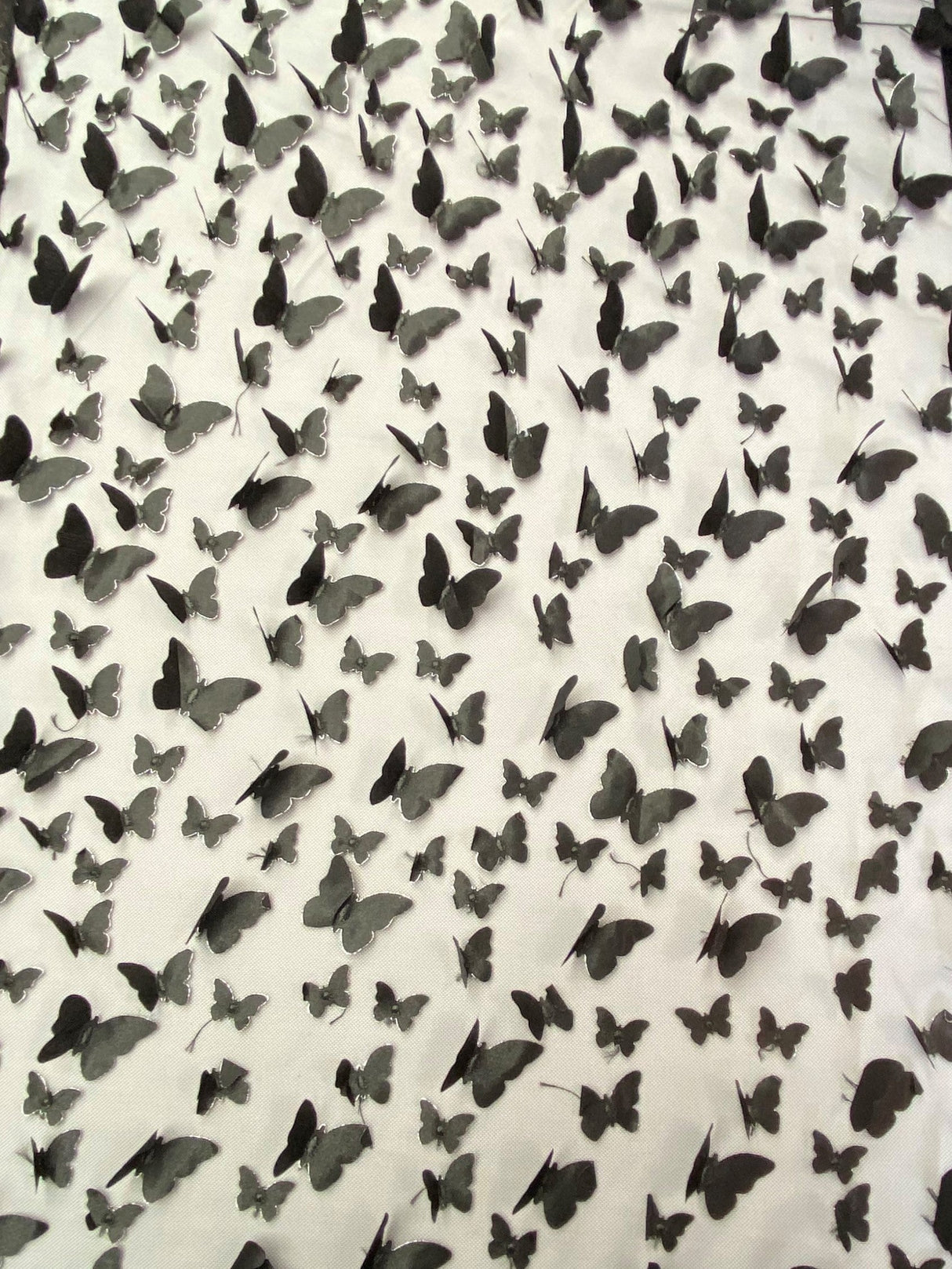 1 Yard Black 3D Butterfly Mesh Fabric with Satin Appliqué on Stretch Sheer Base 54 Inch Wide