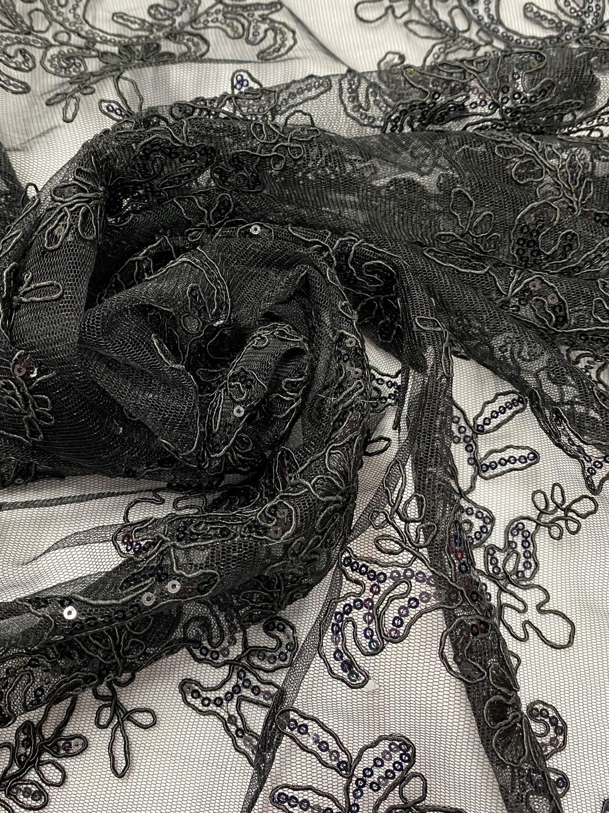 Elena's Lace Black Polyester Lace Fabric - Black Corded Mesh Embroidered With Sequins, Double Scalloped Edge, 54" Width (1 Yard)