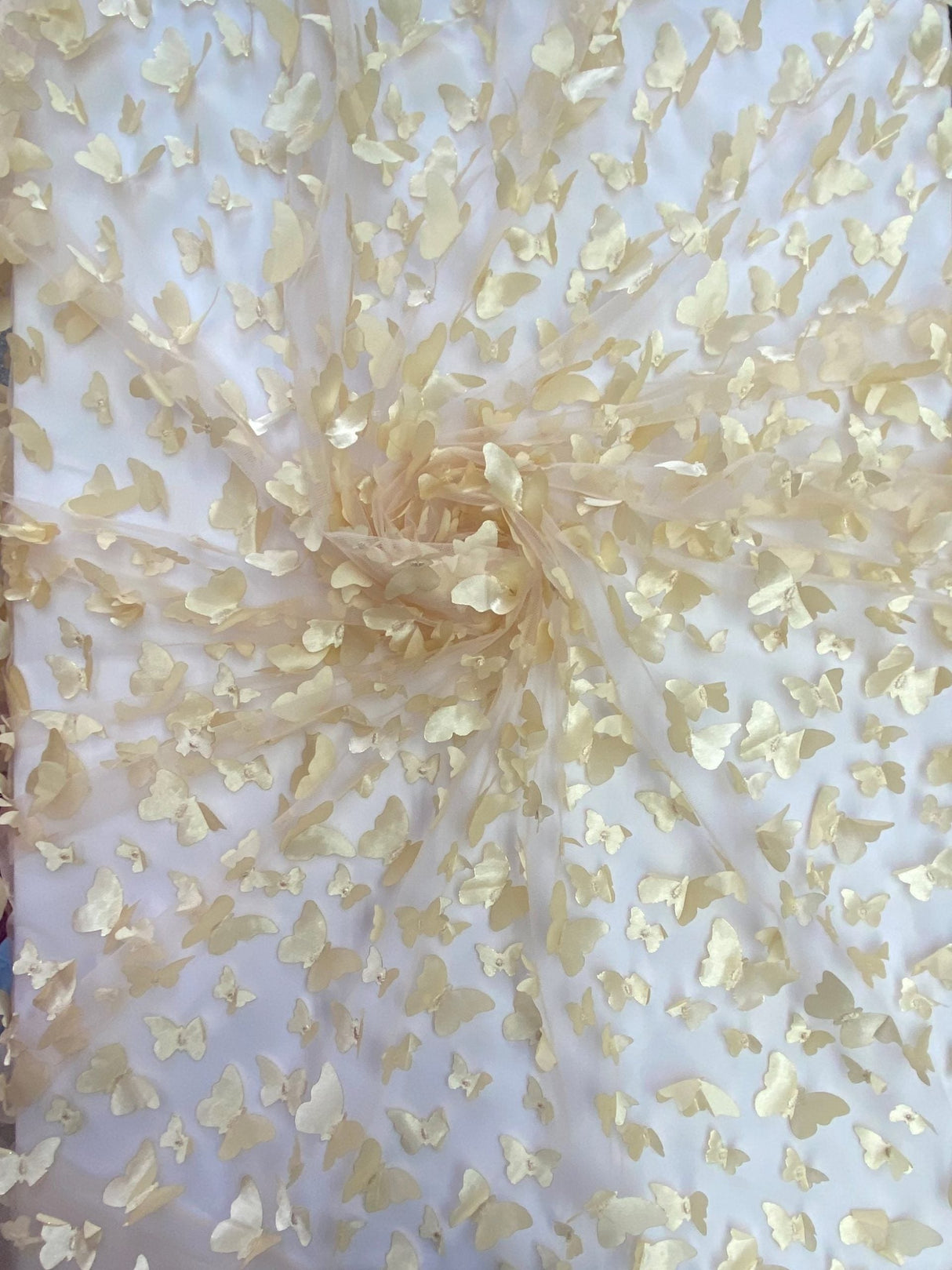 1 Yard Champagne 3D Butterfly Mesh Fabric with Satin Appliqué on Stretch Sheer Base 54 Inch Wide