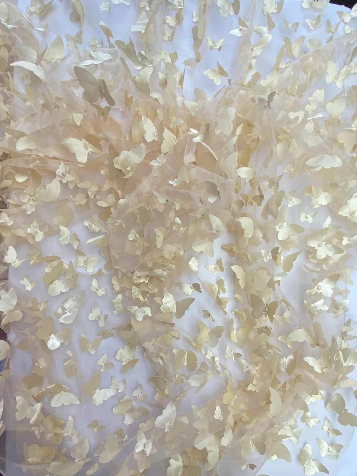 1 Yard Champagne 3D Butterfly Mesh Fabric with Satin Appliqué on Stretch Sheer Base 54 Inch Wide