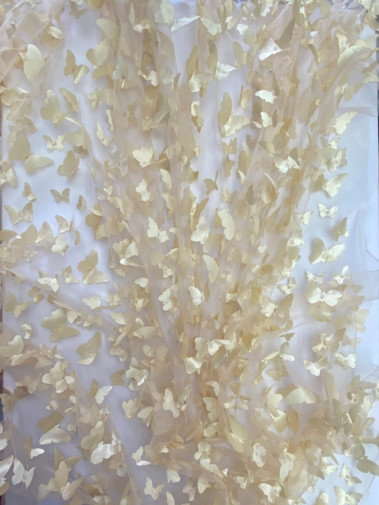 1 Yard Champagne 3D Butterfly Mesh Fabric with Satin Appliqué on Stretch Sheer Base 54 Inch Wide