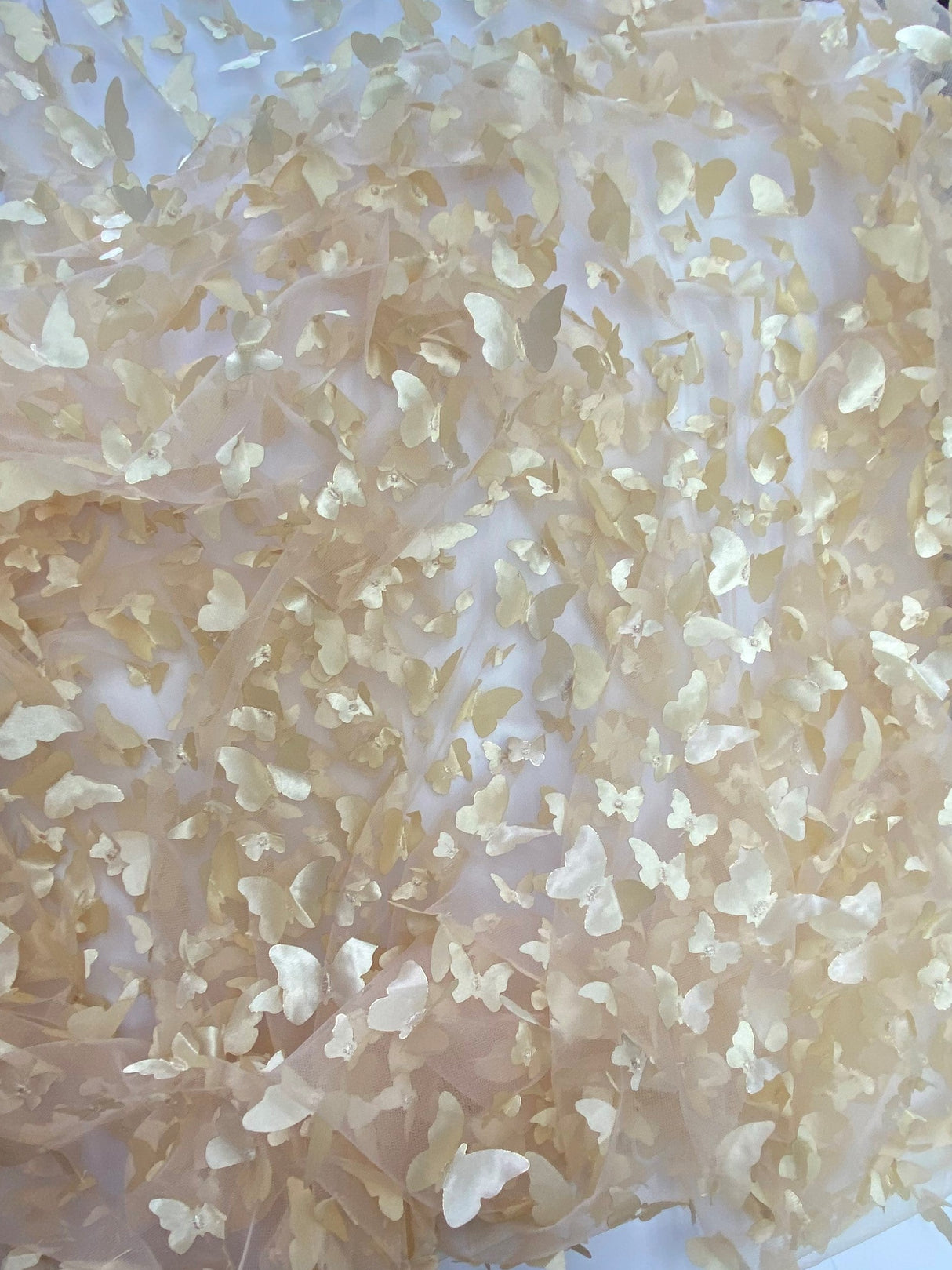 1 Yard Champagne 3D Butterfly Mesh Fabric with Satin Appliqué on Stretch Sheer Base 54 Inch Wide