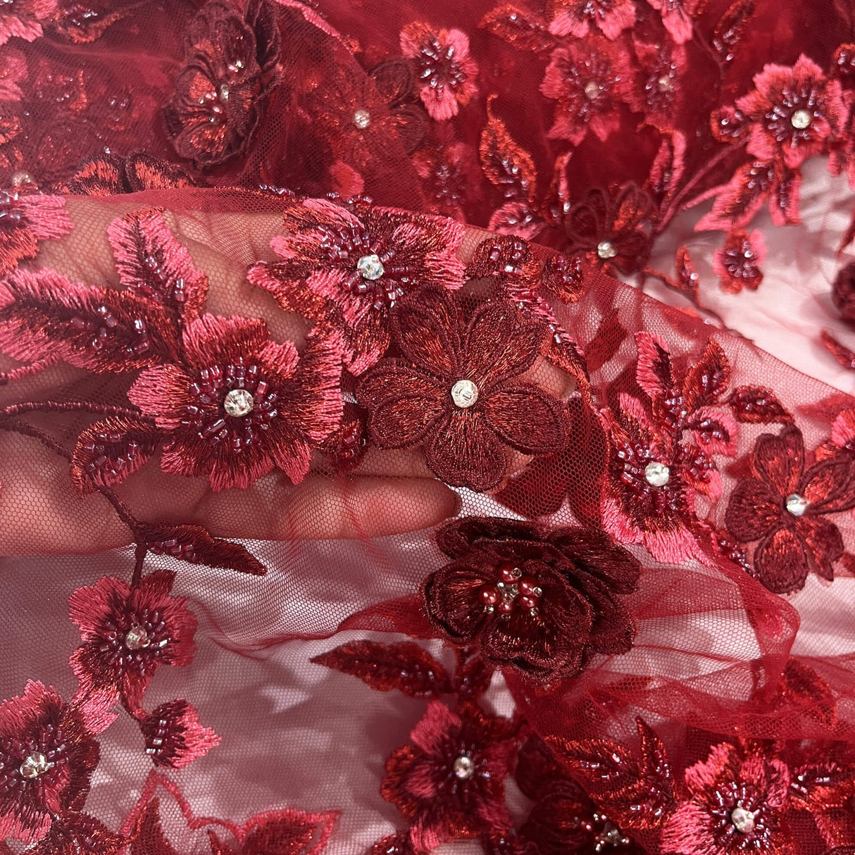 1 Yard 3D Beaded Floral Lace Fabric, Embroidered Mesh with Rhinestones & Scalloped Edges