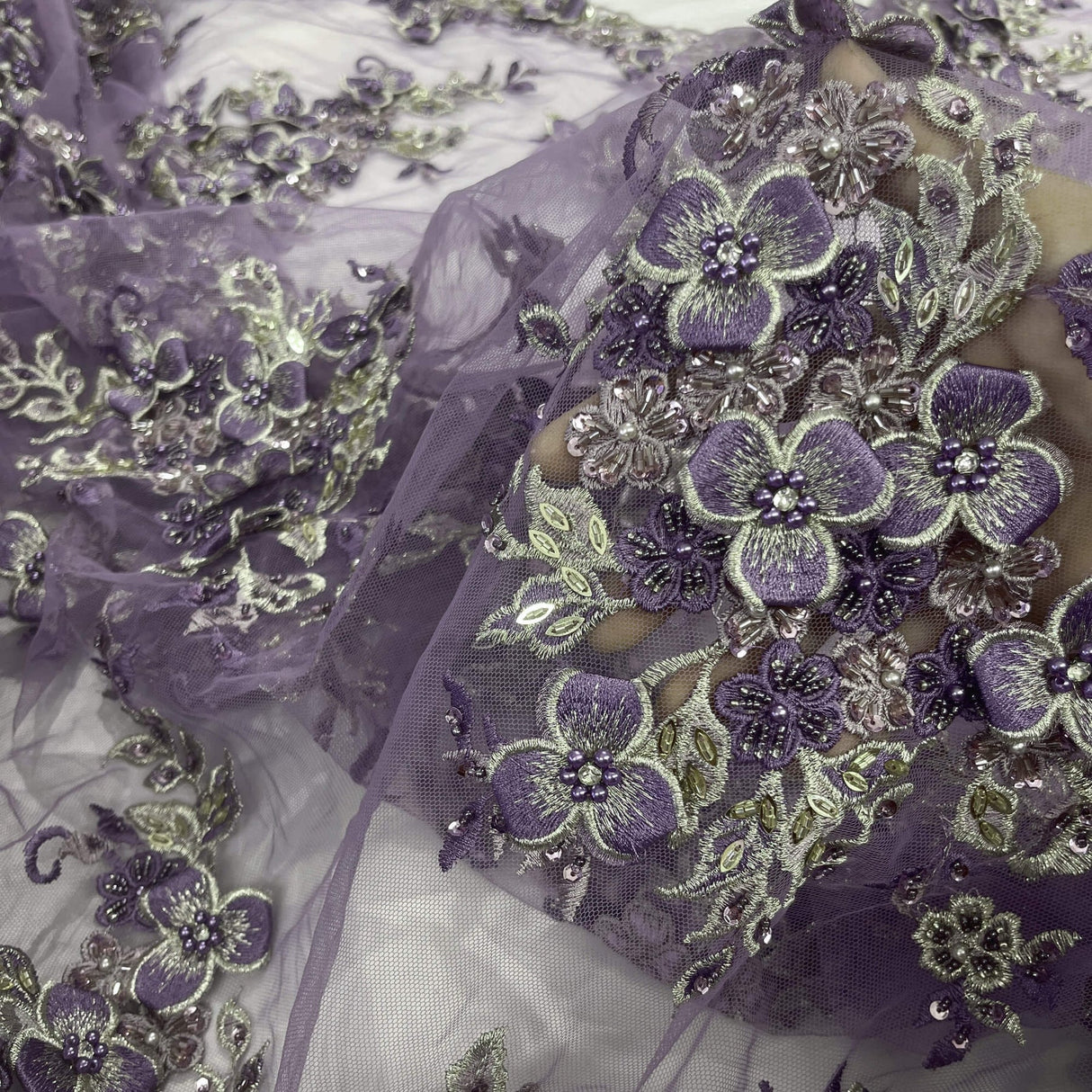 1 Yard 3D Beaded Floral Lace Fabric with Rhinestones, 51" Wide Embroidered Mesh