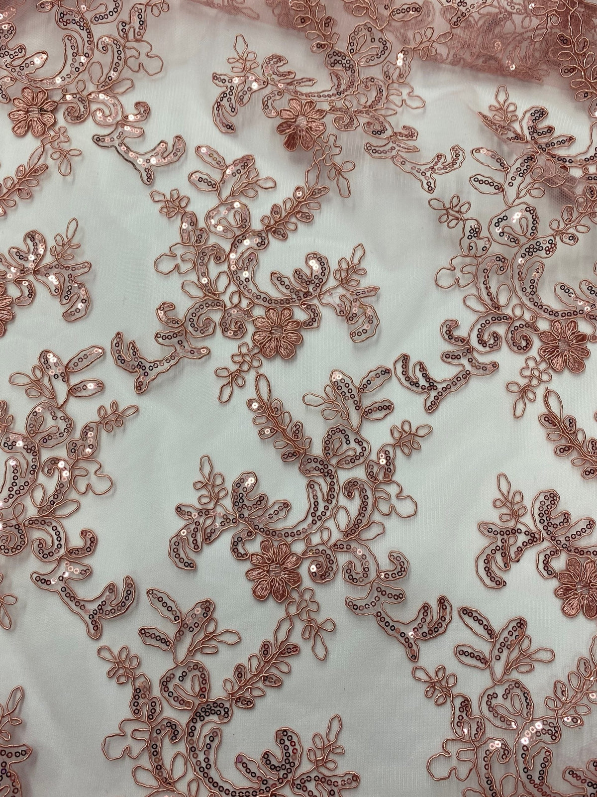 Elena's Lace Polyester Fabric - Dusty Rose Corded Mesh Embroidered With Sequins, Double Scalloped Edge, 54" Width (1 Yard)