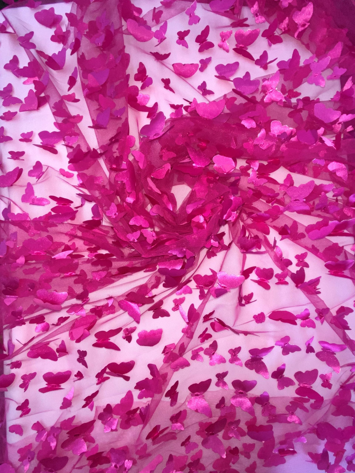 1 Yard Fuchsia 3D Butterfly Stretch Mesh Fabric with Satin Appliqué for Costumes and Dresses 54 Inch Wide