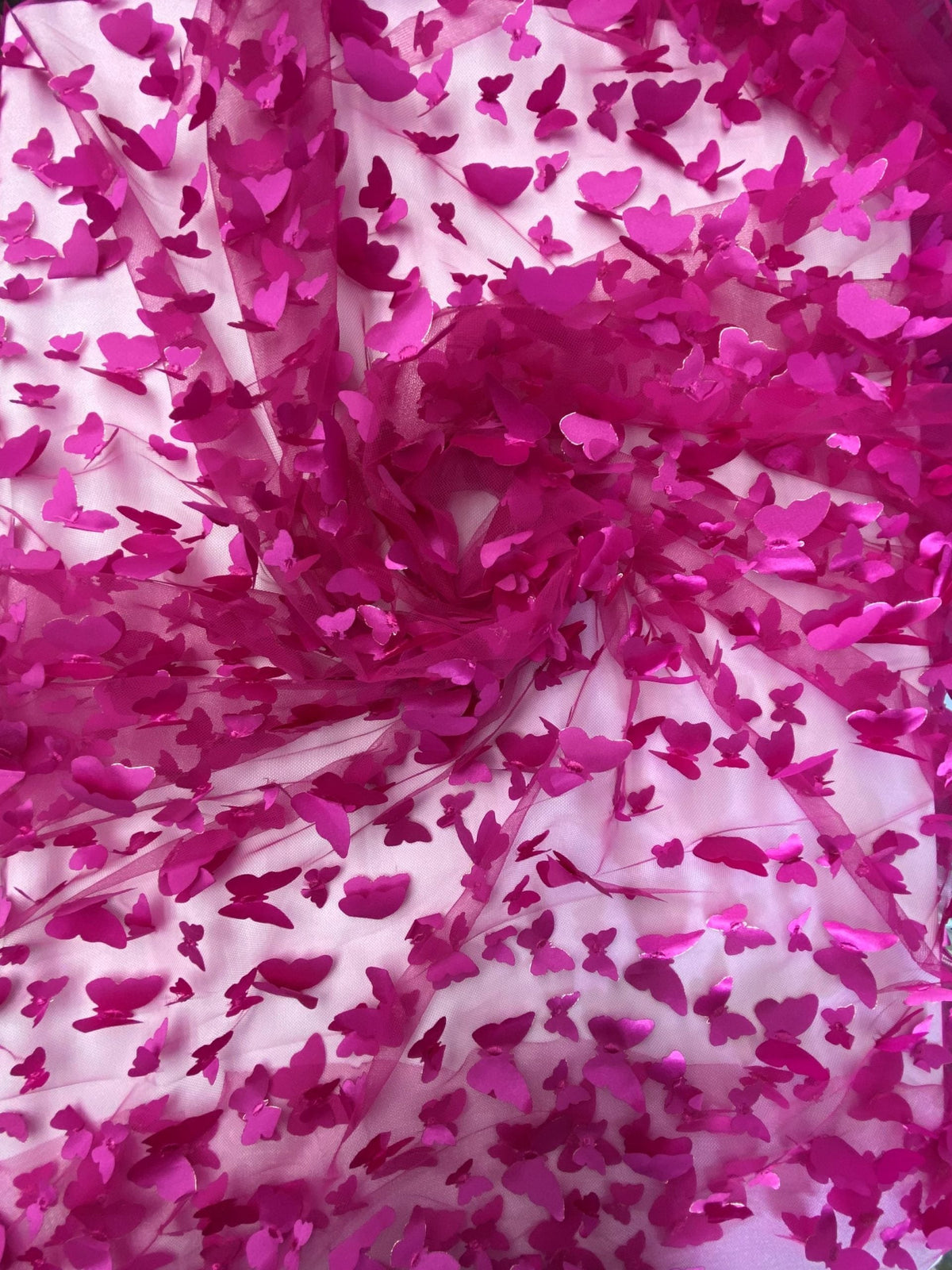 3D Butterflies Fuchsia Polyester Mesh Fabric - Satin Butterflies, Fuchsia, 54" Width