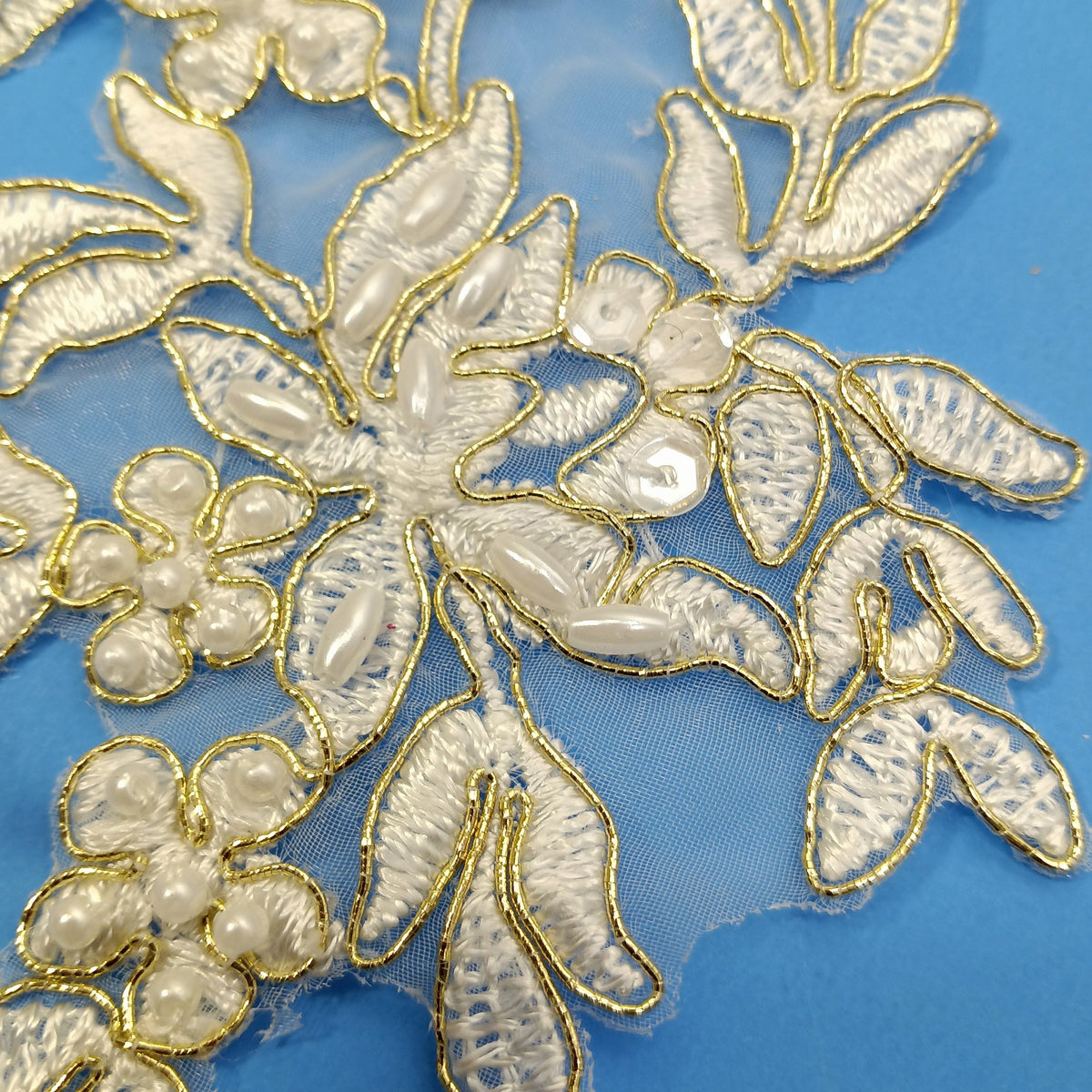 1 Yard Beaded and Corded Floral Lace Applique 13" x 4" Each Side