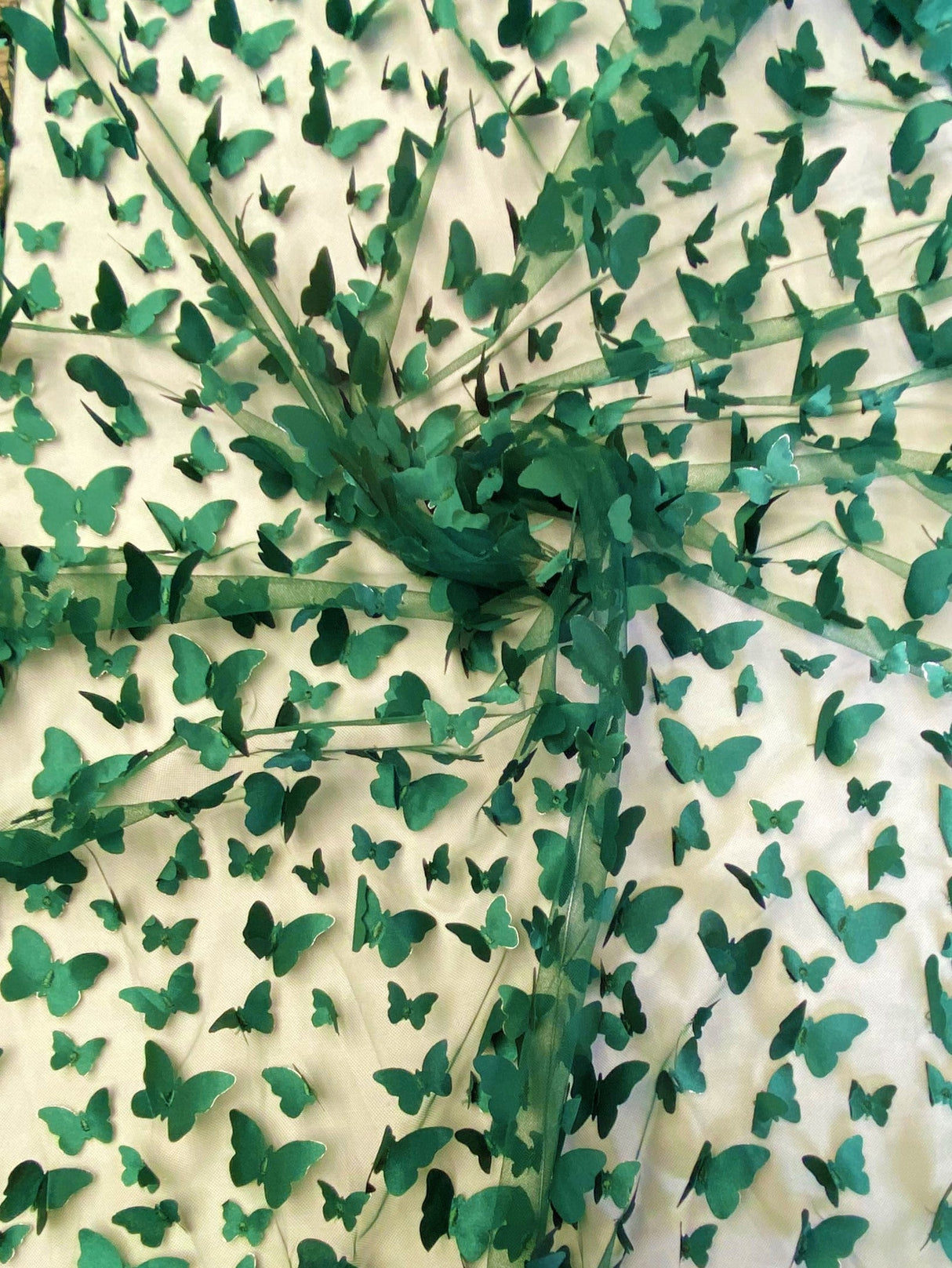 1 Yard Hunter Green 3D Butterfly Stretch Mesh Fabric with Satin Appliqué for Costumes and Dresses 54 Inch Wide