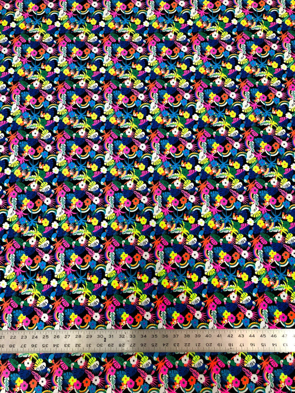 Nylon Spandex Fabric - Neon Small Floral And Toucans Design, 58" To 60" Width