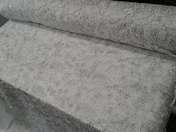 1 Yard White Lurex Floral Paisley Bridal Lace Fabric Embroidery Wedding Dress 54 Inches Wide