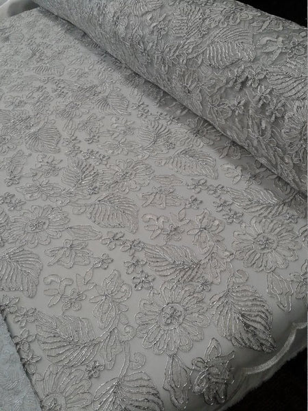 1 Yard White Lurex Floral Paisley Bridal Lace Fabric Embroidery Wedding Dress 54 Inches Wide