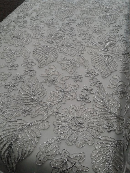 1 Yard White Lurex Floral Paisley Bridal Lace Fabric Embroidery Wedding Dress 54 Inches Wide
