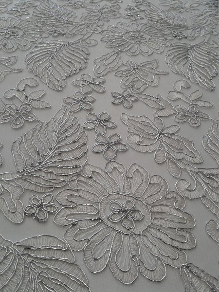 1 Yard White Lurex Floral Paisley Bridal Lace Fabric Embroidery Wedding Dress 54 Inches Wide