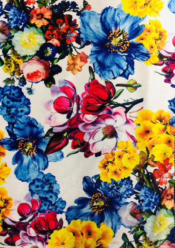 1 Yard Multicolor Floral Stretch Velvet Fabric White Blue Red Yellow Green for Garments Décor 60 Inch Width
