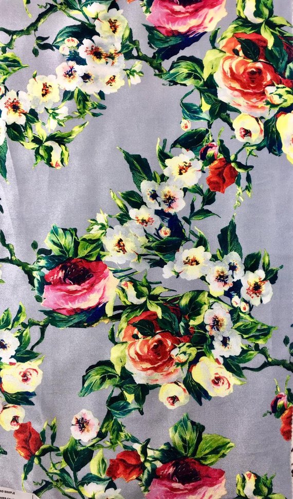 1 Yard Silver Green Pink White Floral Stretch Velvet Fabric Multicolor for Dresses Drapes Crafts 60 Inch Width