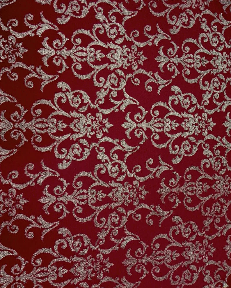Polyester Spandex Fukuro Jacquard Fabric - Damask Design, Foil, 58" To 60" Width