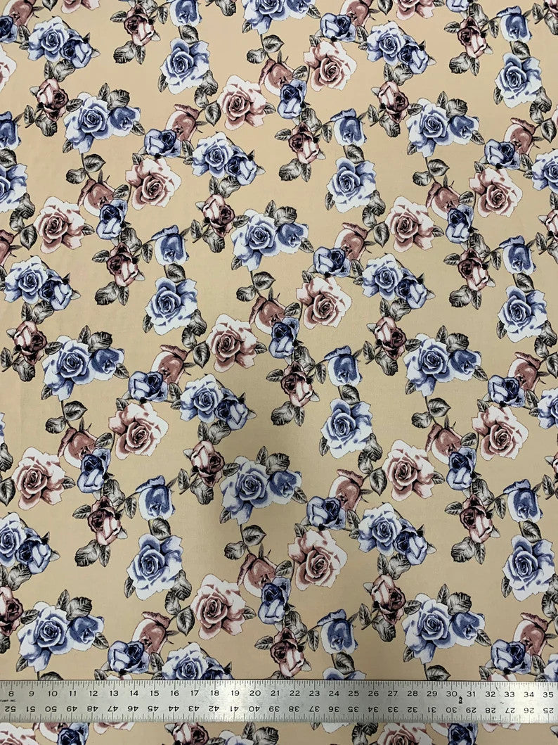 Antique Floral Design Polyester Bulgari Spandex Fabric - Floral Print, Light-Medium Weight, 58"-60" Width
