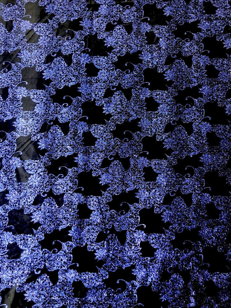 Polyester Velvet Spandex Fabric - Royal Glitters Geometric Design, Royal Blue, 58-60" Width