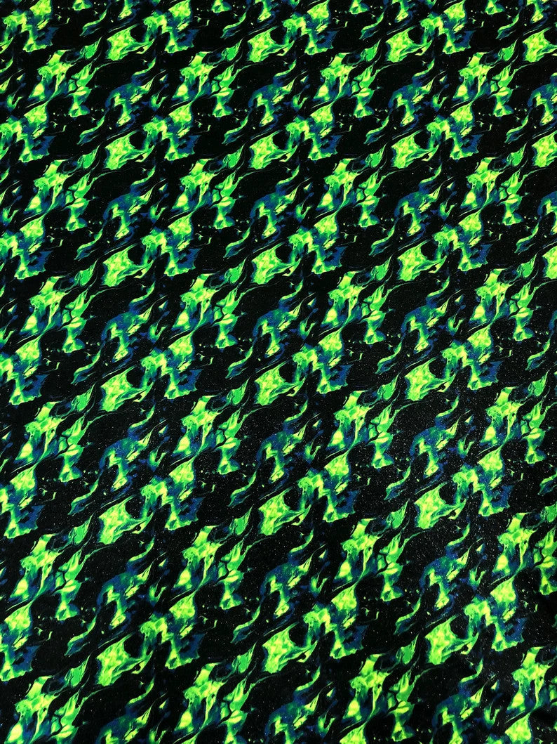 Nylon Spandex Fabric - Silver Glitters Fluorescent Flames Design, Green, Red, 58/60" Width