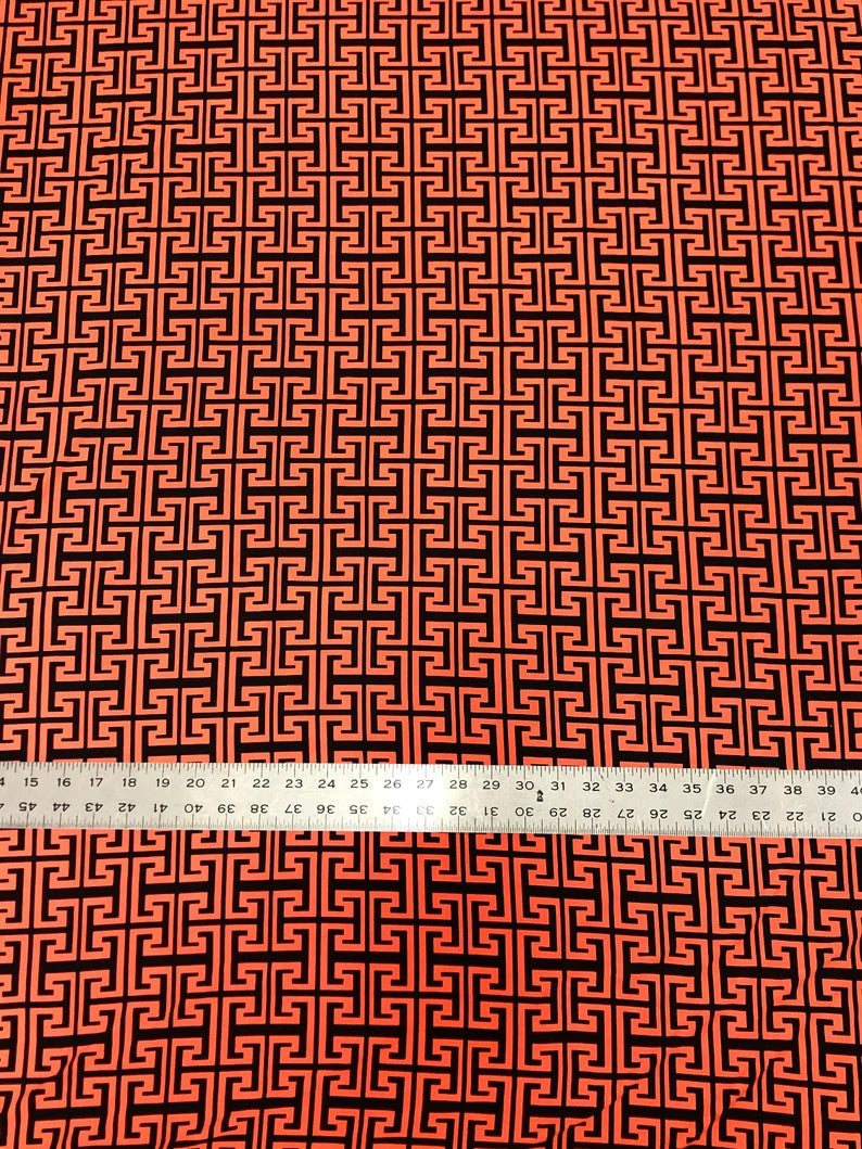 Neon Trendy Colors Polyester Spandex Fabric - Greek Key Print, Neon Orange, Neon Lime, 58"-60" Width