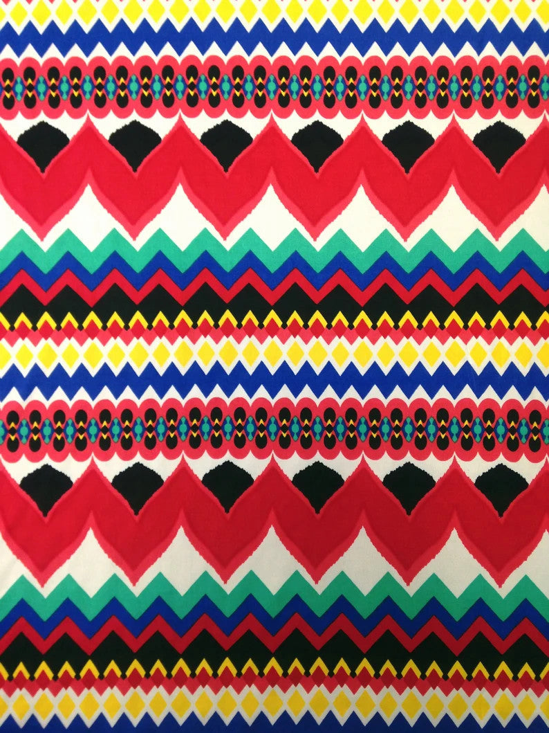 Polyester Spandex Fabric - Colorful Chevron Design, Red/Royal, Orange/Royal, 58" To 60" Width