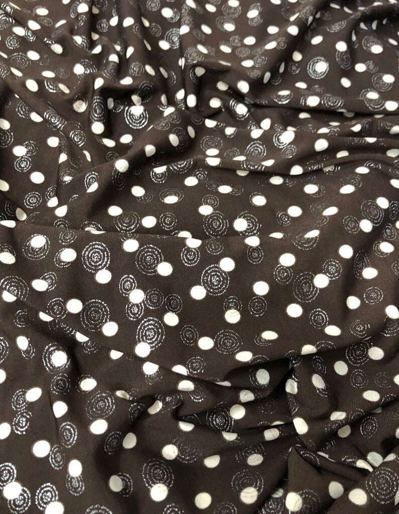Polyester Spandex ITY Matte Jersey Fabric - 5Mm Polka Dots, Silver Swirl, 58-60" Width