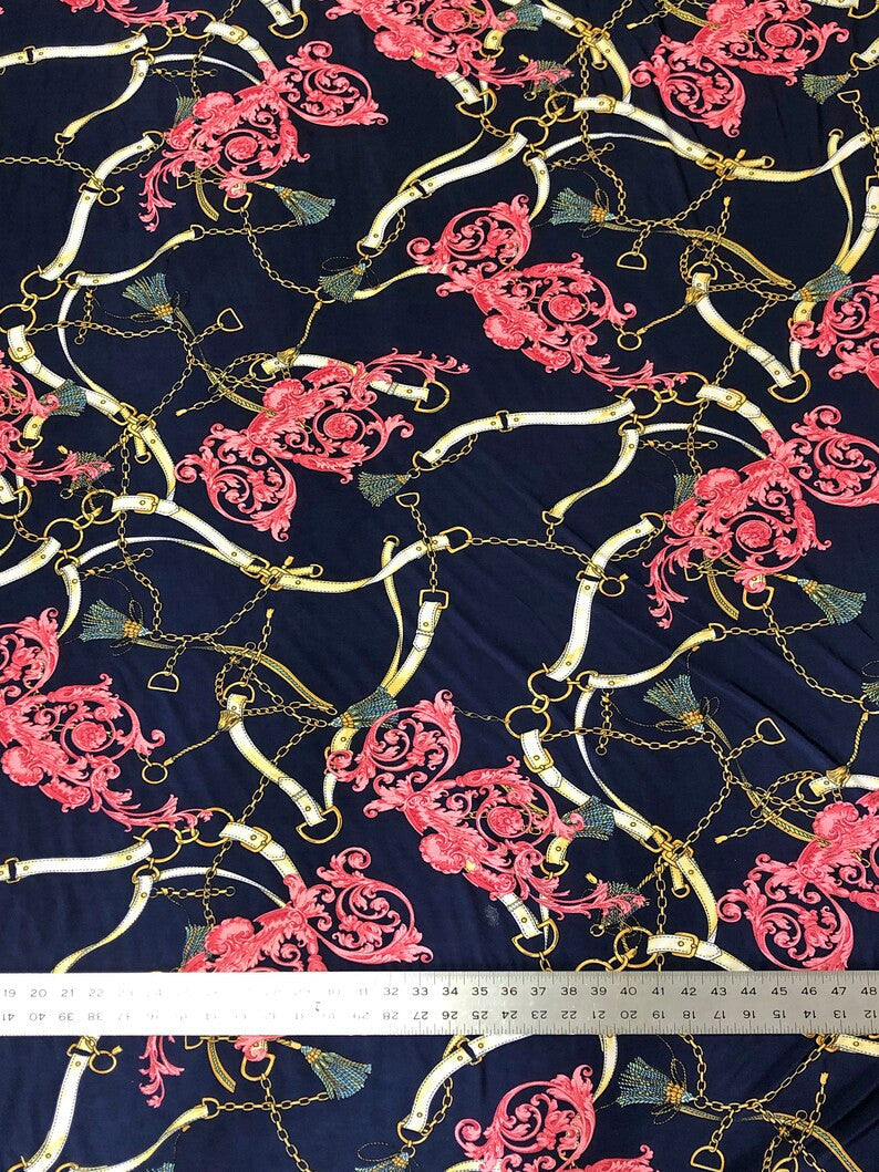 Gold Chain Belt Abstract Design Polyester Spandex Fabric - Royal/Gold, Dark Navy/Pink, 58" Width