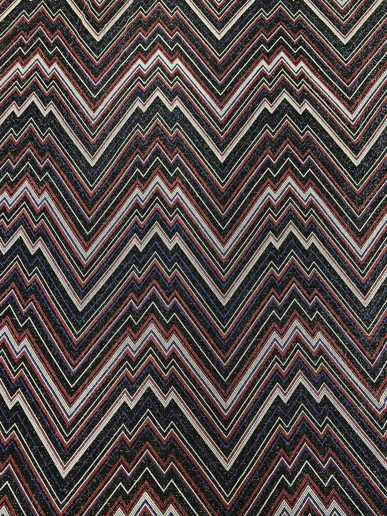 Zig Zag Print On Textured Jacquard Nylon Metallic Spandex Fabric - Black, Red, White, Blue, Zig Zag Print, 58"-60" Width