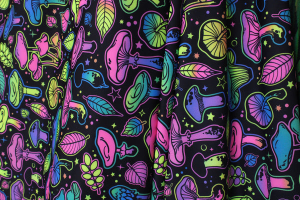 1 Yard Psychedelic Mushroom Blacklight Reactive Four Way Stretch Spandex Fabric for Swimwear 58"/60" Width