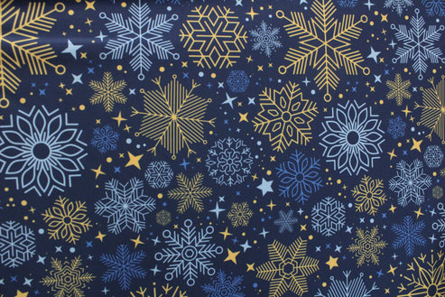 1 Yard Blue and Gold Snowflakes Stretch Spandex Fabric for Swimwear Dancewear Costumes 58"/60" Width