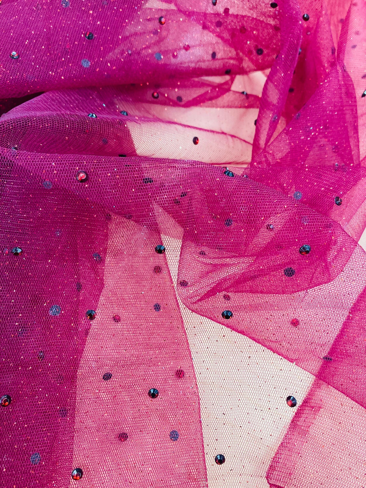 1 Yard Glitter Mesh Fabric with Scattered Rhinestones | 60" Wide | 2 Way Stretch Sparkle Mesh for Gowns, Bridal Wear & Costumes