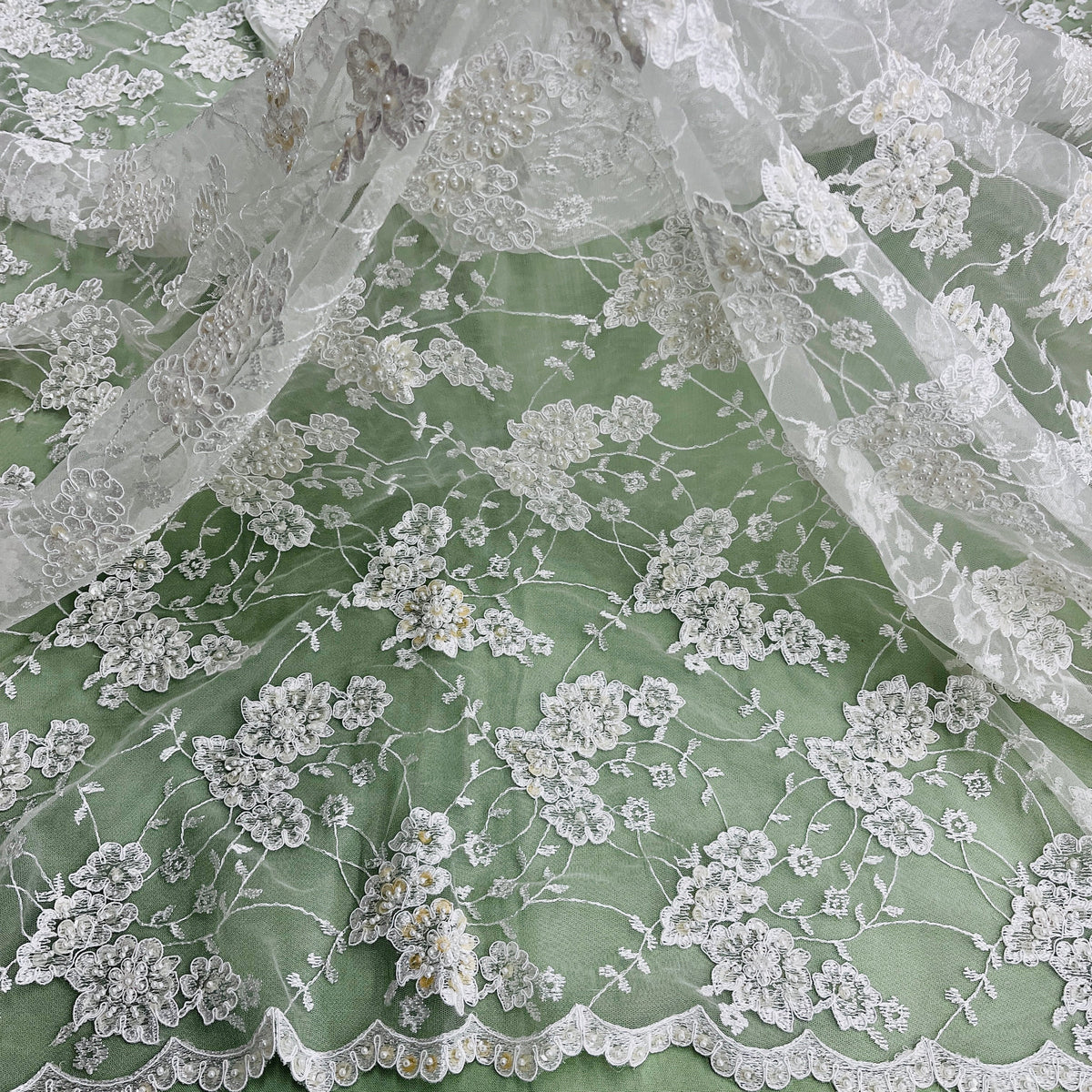 1 Yard Beaded & Corded Lace Fabric Embroidered on 100% Polyester Net Mesh 52" Wide