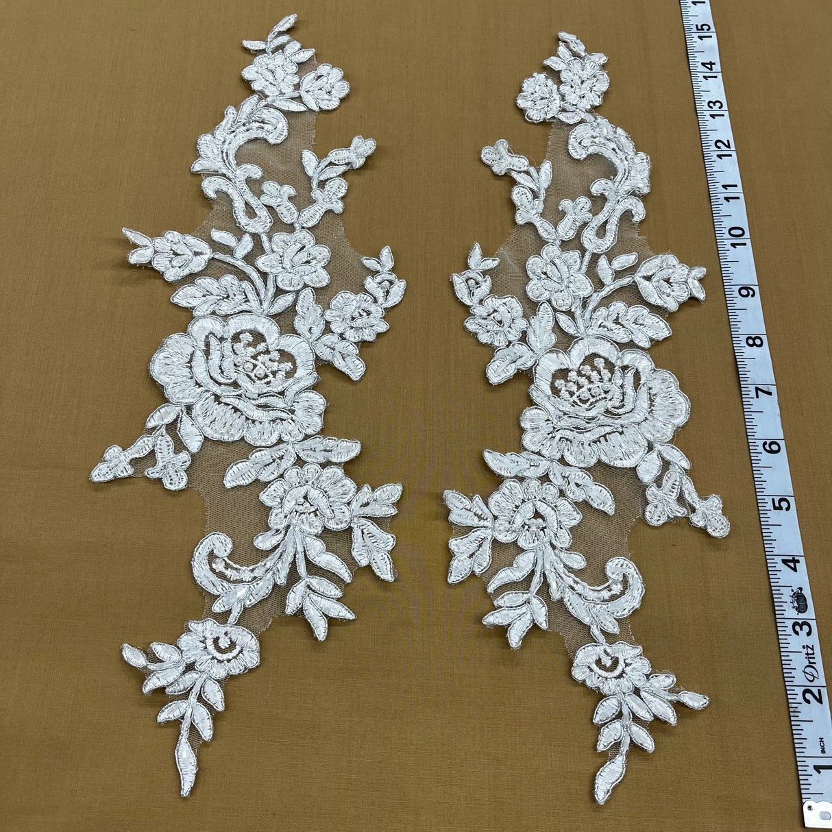 1 Pair 15" x 3.5" Beaded & Corded Floral Lace Applique Embroidered on 100% Polyester Net Mesh